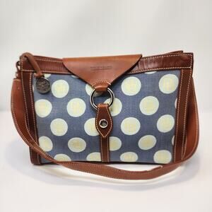 Dooney Bourke Logo Dot Brown Leather Blue Canvas Shoulder Bag Rectangle Designer